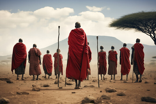 Maasai group walking through the arid lands of Africa