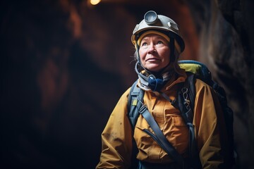 Obraz premium adventurer in a cave entrance barely lit by outside light