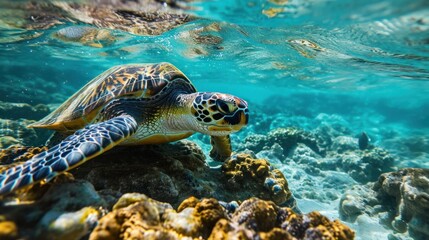Obraz premium Big turtle swimming at Shiraho Beach, Japan