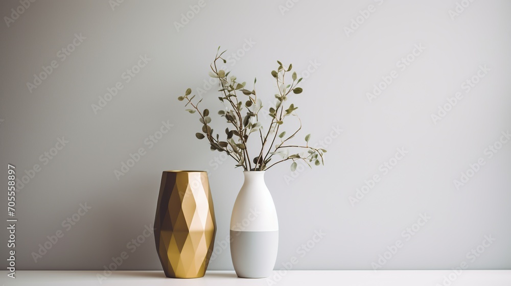 Poster a tasteful arrangement of elegant vases with subtle greenery, presented on a pristine white backgrou