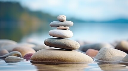 A calming stack of smooth river stones balanced perfectly on a tranquil water surface.
