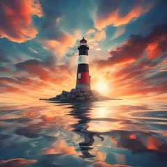Gordijnen lighthouse in the sea at sunset © Maizal