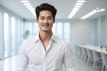 korean man exudes confidence and professionalism in white attire against the bright ambiance of office charm