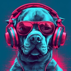 Cool DJ Dog Listening to Music with Headphones

