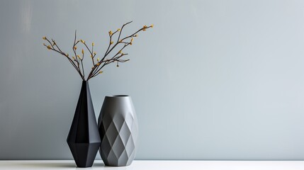 Two contrasting modern vases, one with geometric shapes and the other with twigs, against a serene grey background.
