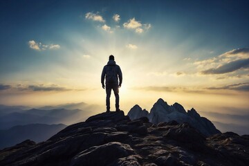 silhouette of person standing on top of mountain, man conquers the challenging peaks, embracing the victory and reaching the majestic summit of the snow-clad mountains, snowy ascent - obrazy, fototapety, plakaty