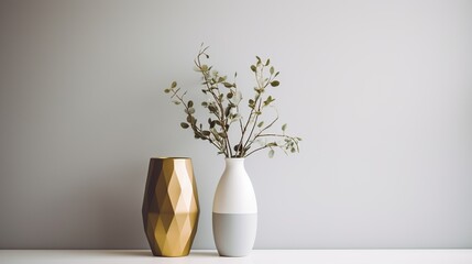 A tasteful arrangement of elegant vases with subtle greenery, presented on a pristine white background for a minimalist aesthetic.
