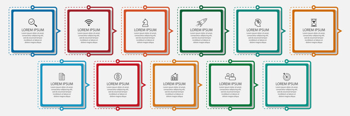 infographic business design 11 parts or steps, there are icons, text and numbers, square designs and thin colored lines that are interconnected for your diagram, banner and business workflow