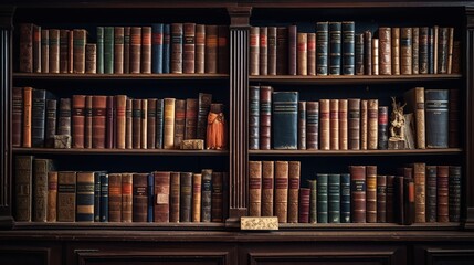 Traditional library shelf with classic hardcover books and decorative figurines, invoking a sense of history and learning.
 - obrazy, fototapety, plakaty