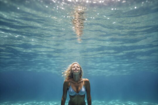 blonde woman elegant movements in the mesmerizing underwater background, banner picture