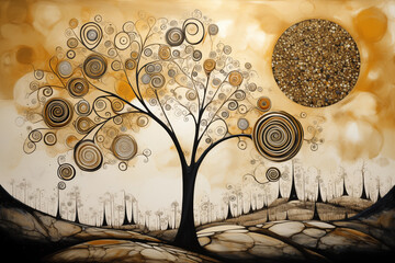 an abstract tree supported by many beautiful gold circles in a delicate gold landscape with an amber sun