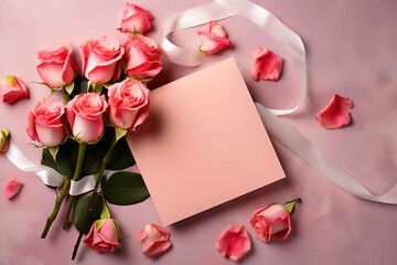 Postcard with a blank sheet surrounded by rose flowers on a pink background, template for congratulations on March 8, Valentine's Day or birthday