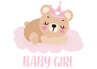 Fototapeta na wymiar Princess teddy bear sleeping with baby girl text