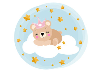 Round illustration sweet dreams with princess teddy bear prince sleeping on cloud