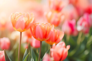 Spring card with tulips and blurred copy space background for text
