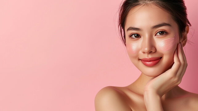 High-quality crop photo of skincare and cosmetics concept with copy space for text. Woman with beautiful face touching healthy facial skin portrait.  Made with generative ai