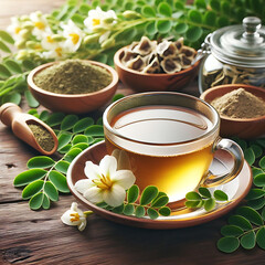 Moringa Infusion Delight: A visual ode to the wholesome goodness of moringa herbal tea. The delicate cup, adorned with fresh moringa leaves and blossoms, presents a serene scene that speaks of wellnes - obrazy, fototapety, plakaty