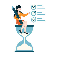 Time management concept. A businesswoman sitting on an hourglass while completing a checklist, symbolizing efficient scheduling. Flat vector illustration