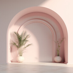 Beautiful, attractive 3D background for your product. Mock-up, template. Podium with an arch and two palm trees on the sides

