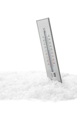Weather thermometer in snow against white background