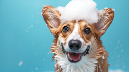 happy wet corgi dog taking bath with soap foam on his head . blue background. copy space	