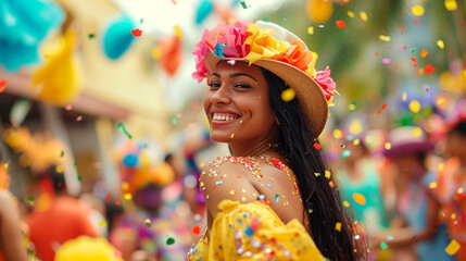 Candid shot of celebrating Carnavales de Barranquilla festival, colorful, festive setting. selective focus
