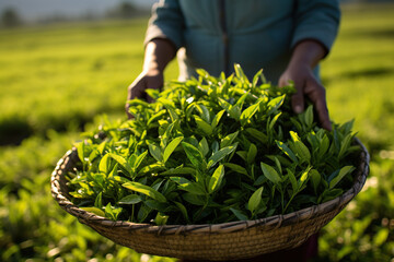 Freshly picked tea leaves in a wicker basket at a tea plantation. Generated by artificial intelligence