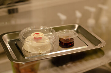 Kiwi cream pudding, Panna Cotta with kiwi sauce, on a plate. Light gray background 