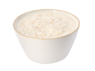 Tasty boiled oatmeal in bowl isolated on white