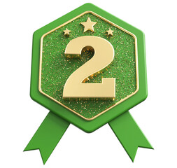Number 2 winner ribbon award badge - 3d render icon green label