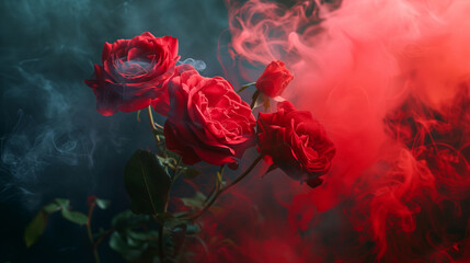 Close up shot of red garden roses with red smoke, festive greeting card