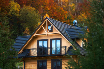 A cozy home nestled at the forest’s edge with a detailed wooden window accentuating its...