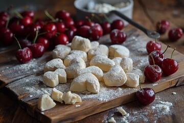 Making heart shaped dumplings with cherries on the table