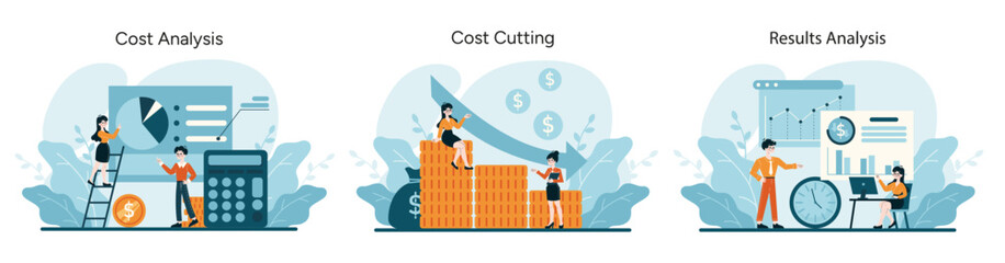 Cost Optimization analysis set. Detailed financial review, targeted expense reduction, comprehensive performance evaluation. Flat vector illustration - obrazy, fototapety, plakaty