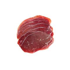 Slices of tasty bresaola isolated on white, top view