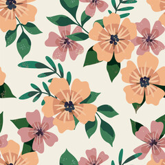 Seamless floral pattern, decorative ditsy print in a retro folk motif. Cute botanical wallpaper, fabric design: simple hand drawn small flowers, large leaves on a light surface. Vector illustration.