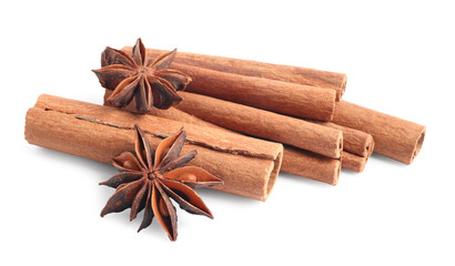 Aromatic cinnamon sticks and anise stars isolated on white