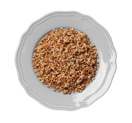 Plate with tasty buckwheat isolated on white, top view