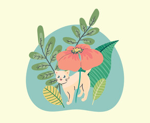 Cute hand drawn cat among plants. Pretty card design, simple drawing with a kitten among flowers and leaves. Vector illustration.