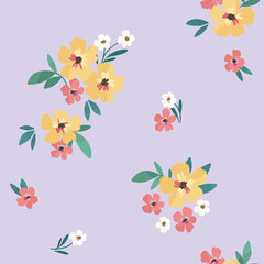 Obraz na płótnie Canvas Seamless floral pattern, liberty ditsy print of small cute flowers. Pretty simple botanical design for textile, wallpaper, any surface: small hand drawn flowers, tiny bouquets on blue. Vector tile.