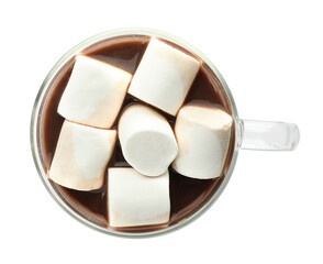 Cup of aromatic hot chocolate with marshmallows isolated on white, top view