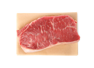 Steak of raw beef meat isolated on white, top view