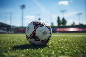 Fototapeta premium Soccer ball on a lawn. Football match. Ball in a football stadium. Football picture. AI.