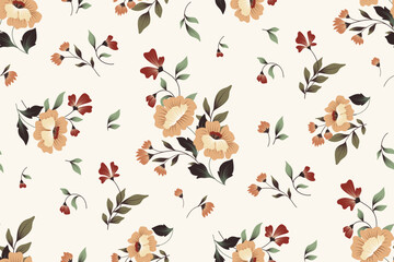Seamless floral pattern, abstract ditsy print in vintage style. Elegant old fashion botanical design: hand drawn flowers, small bouquets, leaves on a white background. Vector flower wallpaper, textile