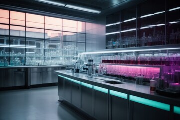 Obraz premium A modern high-tech research laboratory with glass flasks, instruments, chemicals. Science, medicine, microbiology, biotechnology, biochemistry concepts.
