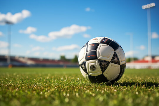 Soccer ball on a lawn. Football match. Ball in a football stadium. Football picture. AI.