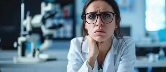 Fototapeta premium Nervous, upset optician woman frowning due to a problem.