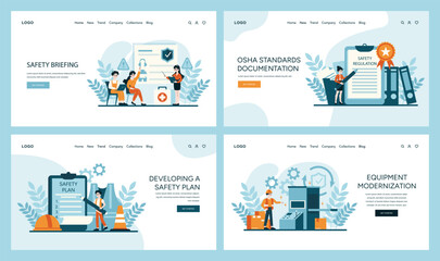 OSHA website set. Featuring safety briefings, standards documentation, and safety plan development. Highlighting equipment modernization for compliance. Flat vector illustration