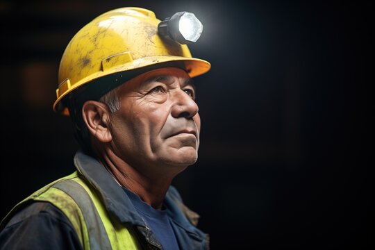 miner with hard hat and headlamp inspecting a coal seam