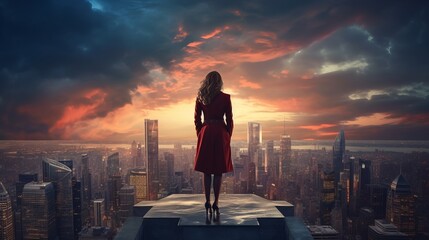 Fototapeta premium Businesswoman stands thoughtfully on a mountain overlooking a city with dramatic clouds in the sky